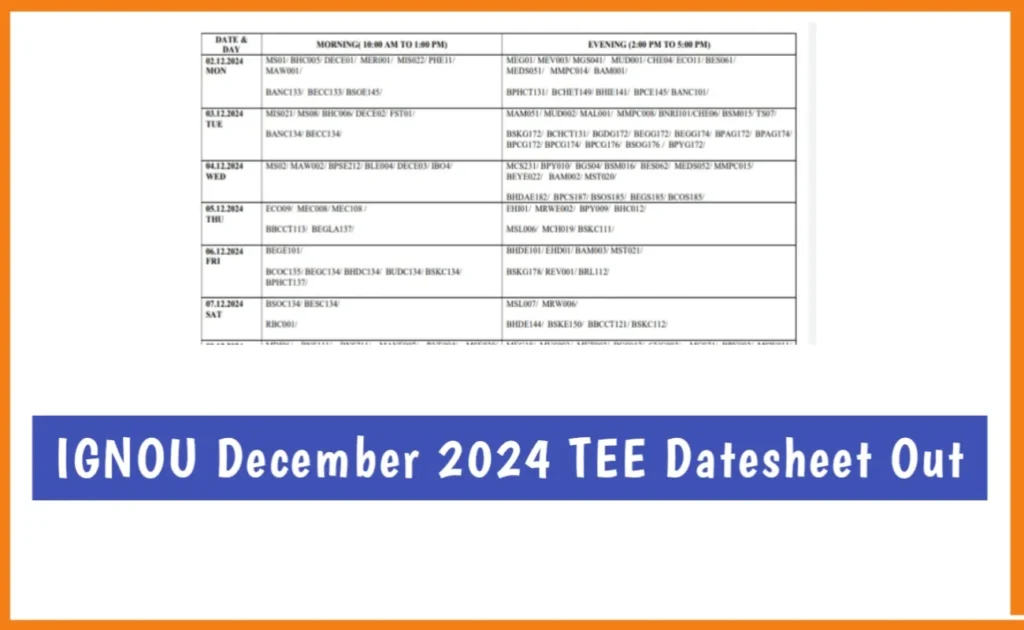 IGNOU December 2024 TEE Final Date Sheet Out